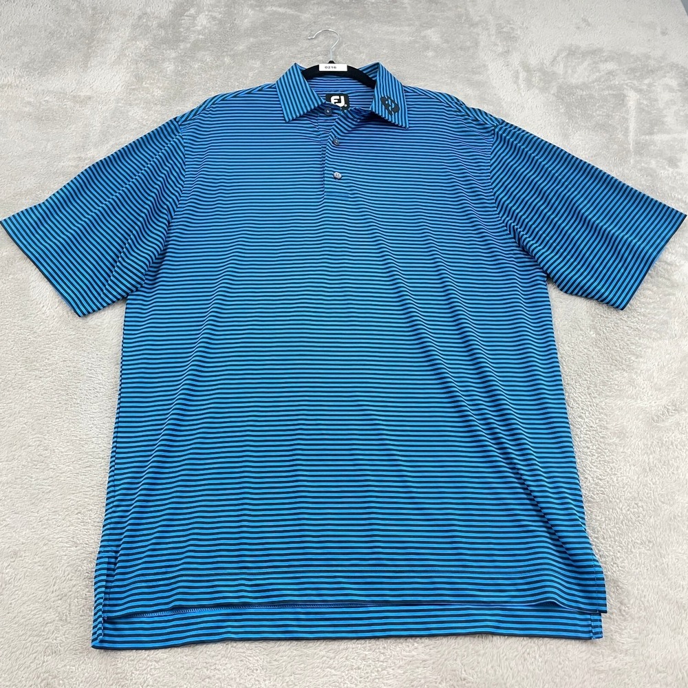 FJ Footjoy Polo Golf Shirt Mens M Blue Black Striped Performance Athletic Preppy